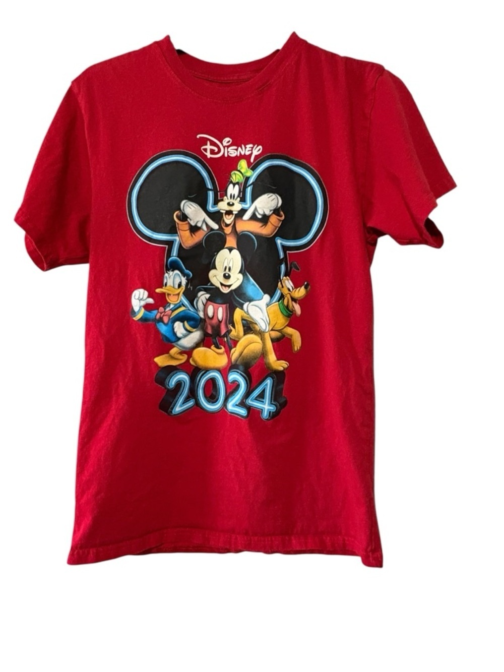 Disney Red Short Sleeve Tee w/Mickey, size 34/36. Goofy, Donald & Pluto Graphic